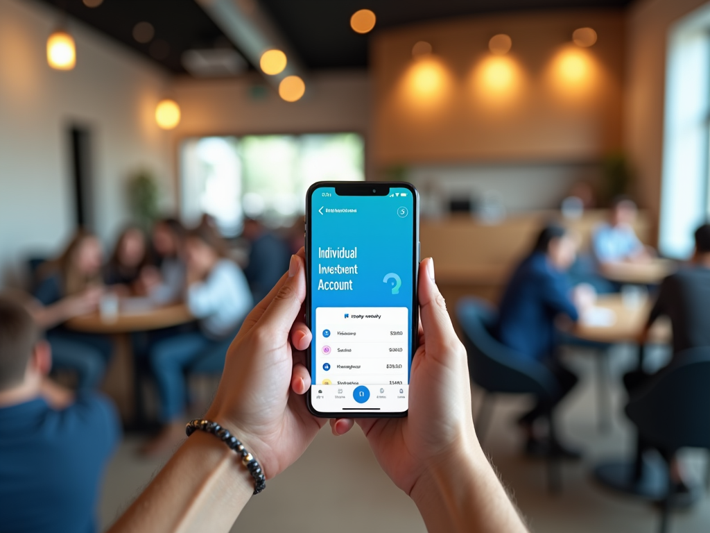 Человек в кафе держит смартфон с открытым приложением для инвестиций.