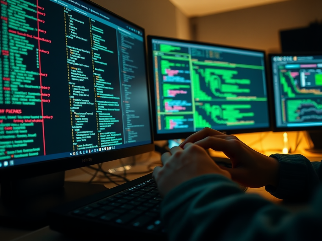На изображении человек работает за компьютером с несколькими экранами, отображающими код и графики.